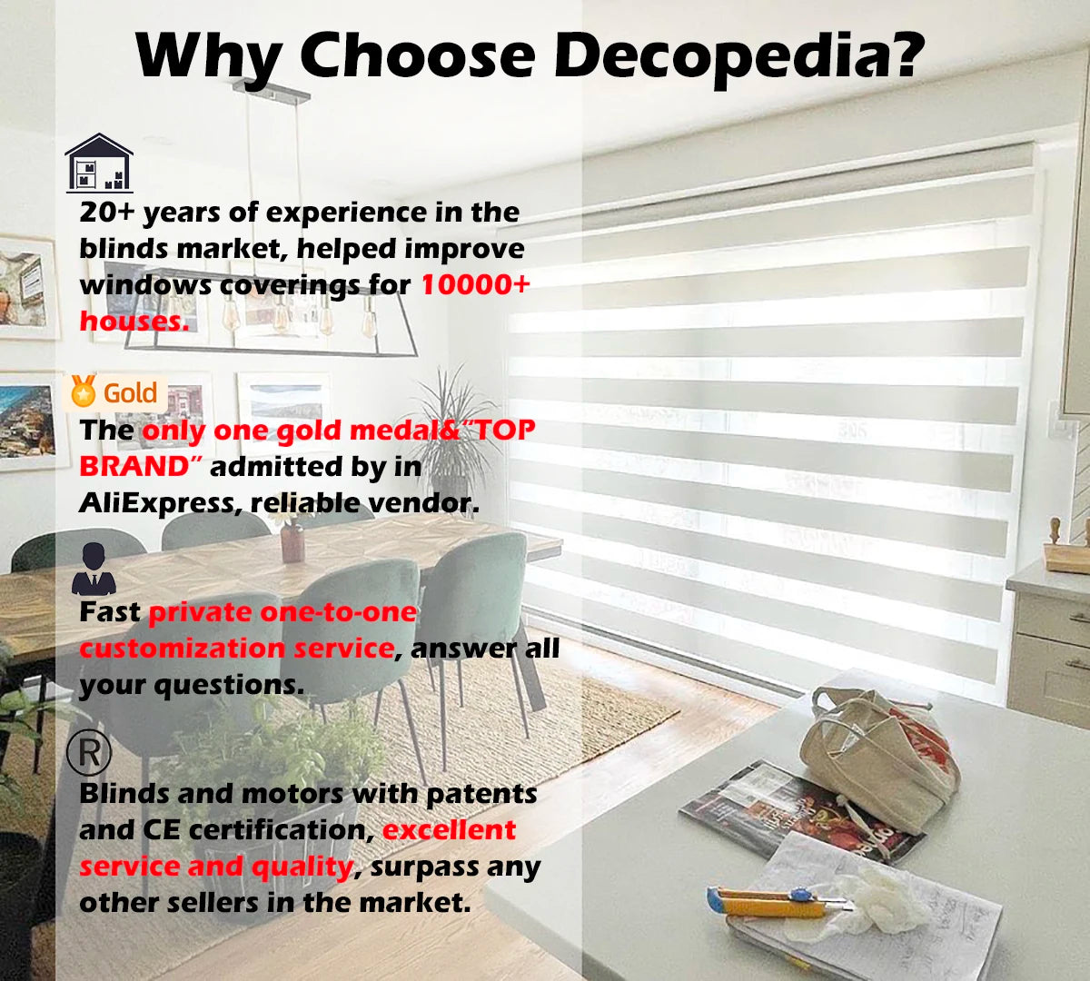 Decopedia Roller Blinds for Windows Motorized Cordless Smart Window Blinds Blackout Roller Day and Night Curtain for Living Room