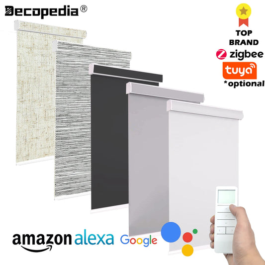 Decopedia Roller Blinds for Windows Motorized Cordless Smart Window Blinds Blackout Roller Day and Night Curtain for Living Room